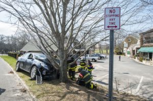 East Hampton Fire Department responds to a single-car accident in the village.