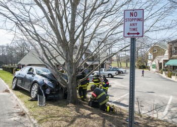 East Hampton Fire Department responds to a single-car accident in the village.