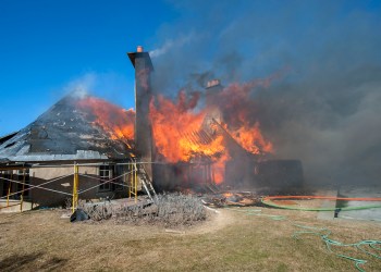 At 2:35 p.m. on Wednesday, March 18th, 2015, members of the East Hampton Fire Department responded to the Morton residence for a report of a structure fire. First arriving units found the structure, which was under renovation at the time, heavily involved with fire. Mutal aid was called from the Montauk, Amagansett, Springs, Sag Harbor, Bridgehampton, Southampton and Hampton Bays Fire Departments, and the North Sea Fire Department was called to stand by at the EHFD headquarters. Cold temperatures, a strong wind and water supply challenges made fighting the fire difficult, and eventually heavy equipment was called for to knock the chimneys over and remove debrisi so that all remaining pockets of fire could be extinguished. I was not until well after that 9:00 p.m. that evening that all units were fully back in service. It was suspected that roofers installing new flashing were to blame for the fire, but the East Hampton Village Fire Marshal's office responded and was on scene to determine the fire's cause and origin.