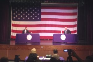 New York State Senator Lee Zeldin and U.S. Representative Tim Bishop face off Monday during a debate sponsored by the Hampton Bays Civic Association.