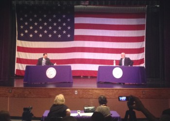 New York State Senator Lee Zeldin and U.S. Representative Tim Bishop face off Monday during a debate sponsored by the Hampton Bays Civic Association.