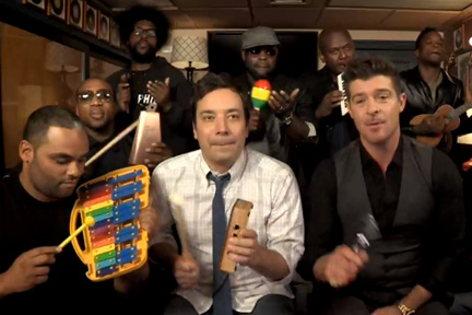 Jimmy Fallon Robin Thicke and The Roots on Late Night