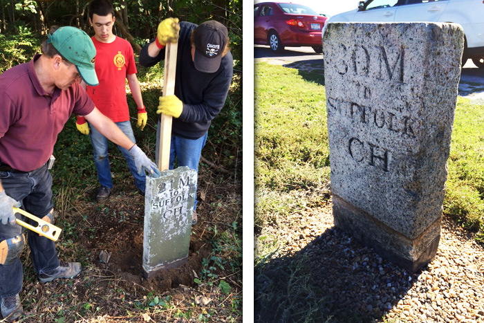 Joel Snodgrass, Sam Basel and Aidan Vandenburgh restoring a mile marker