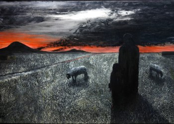 Oil on canvas of Afghan farmer and son by Jules Roy