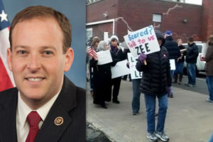 Lee Zeldin and his protestors in Patchogue