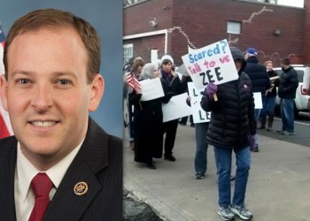Lee Zeldin and his protestors in Patchogue