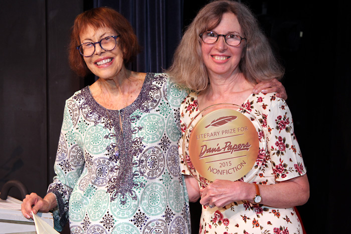 New York Times best-selling author Barbara Goldsmith poses with $5,000 grand prize winner Colette Sewall, author of “Ghosts of Shopkeepers Past,”