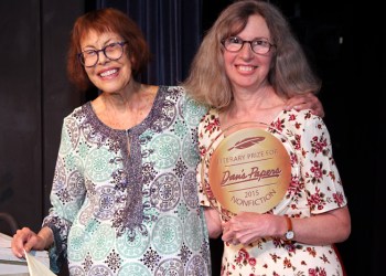 New York Times best-selling author Barbara Goldsmith poses with $5,000 grand prize winner Colette Sewall, author of “Ghosts of Shopkeepers Past,”