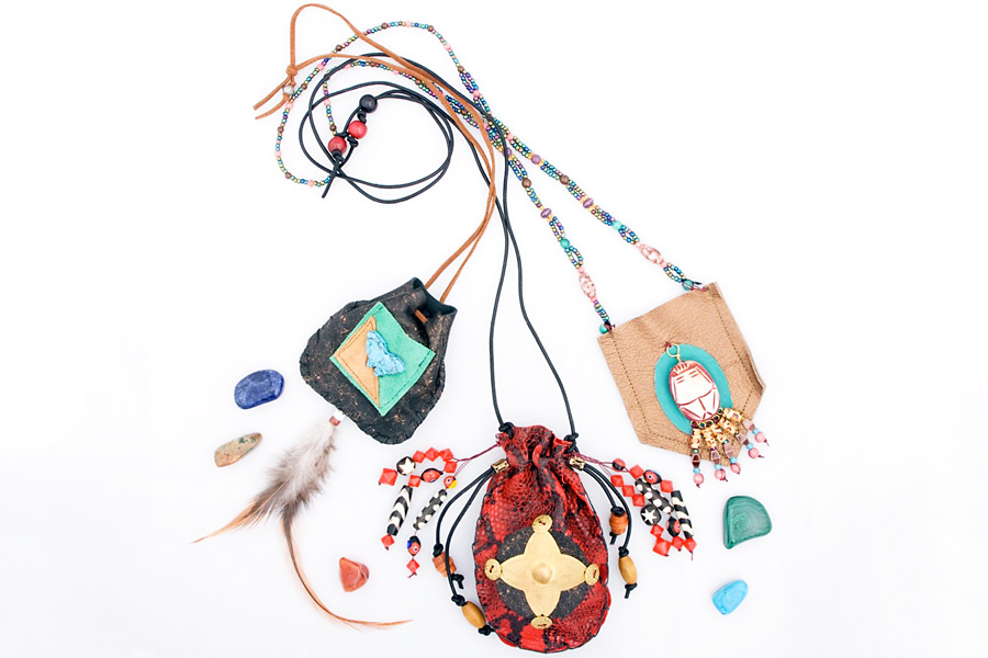 Medicine bags adorn the cover of Monte Farber's Healing Crystals: A Shaman's Guide to Using Energy Stones & Making Medicine Bags