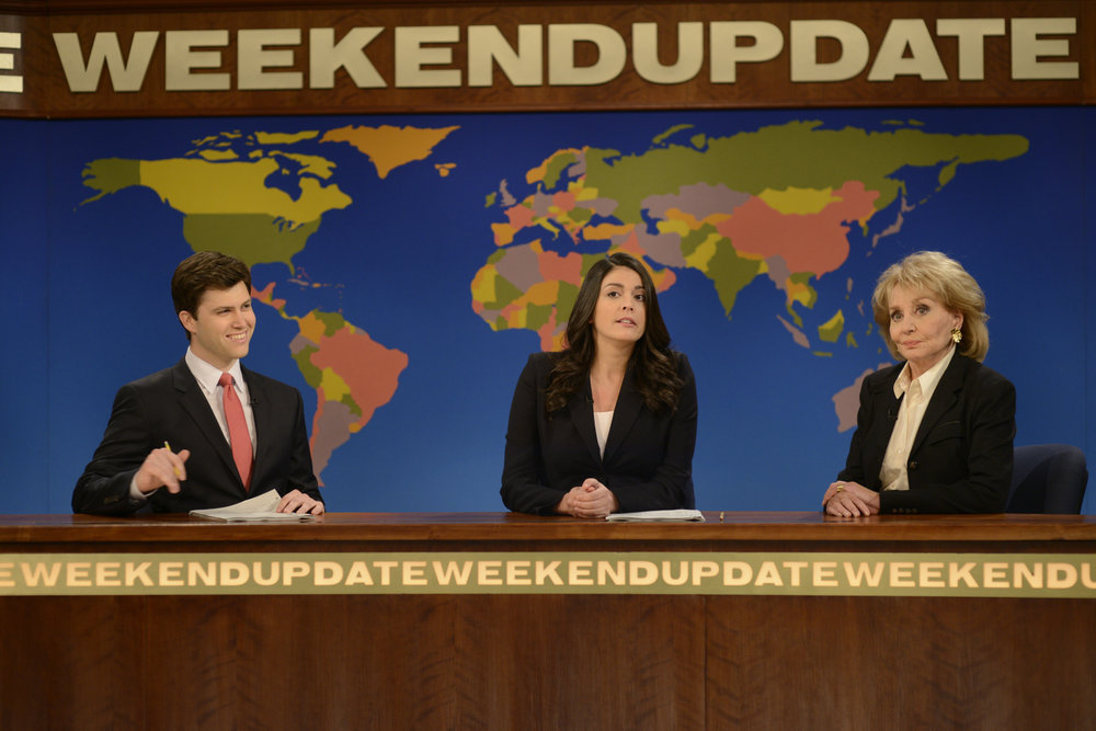 Colin Yost, Cecily Strong and Barbara Walters on "Saturday Night Live"'s Weekend Update.