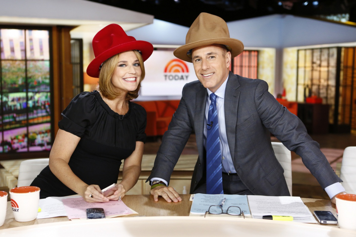 Savannah Guthrie and Matt Lauer sport Pharrell hats.