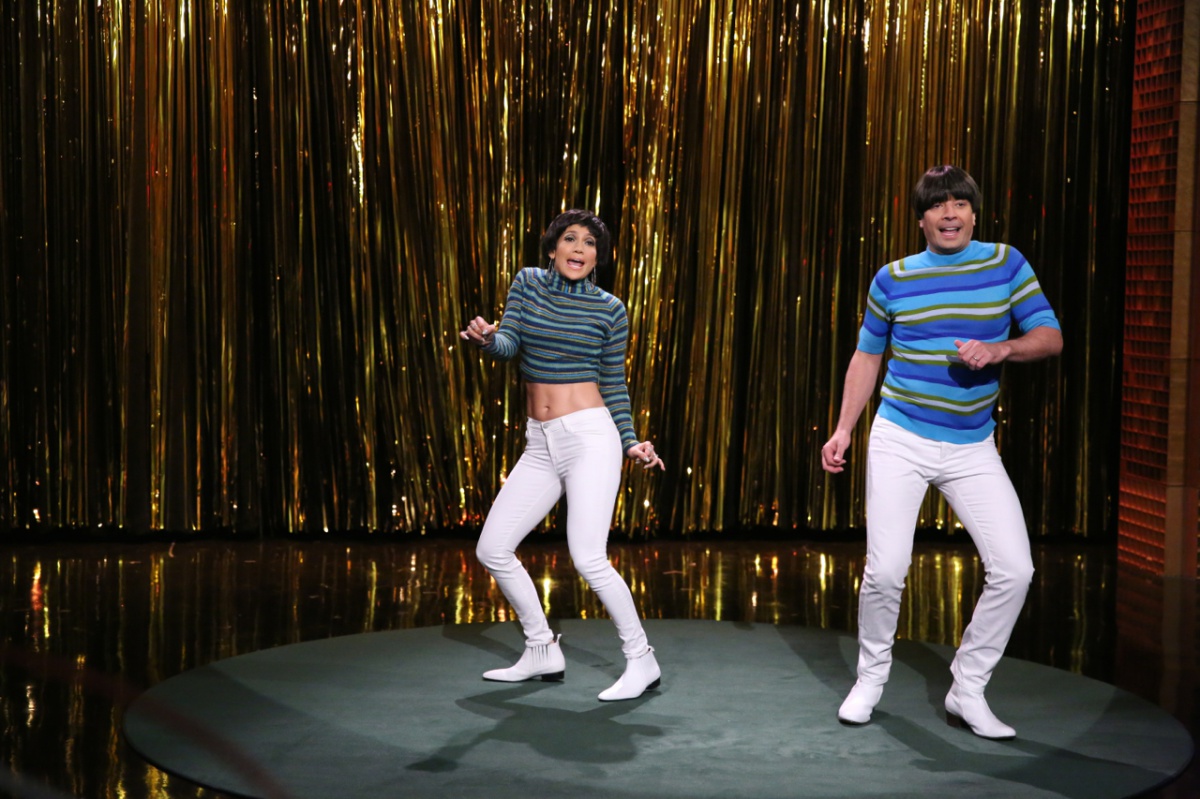 Singer Jennifer Lopez and host Jimmy Fallon during the "Tight Pants" skit on June 9.