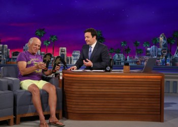 Jimmy Buffet sits with Jimmy Fallon on 