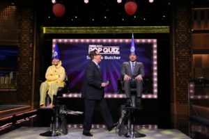 Television personality Kelly Ripa, announcer Steve Higgins and host Jimmy Fallon play pop quiz on July 9.