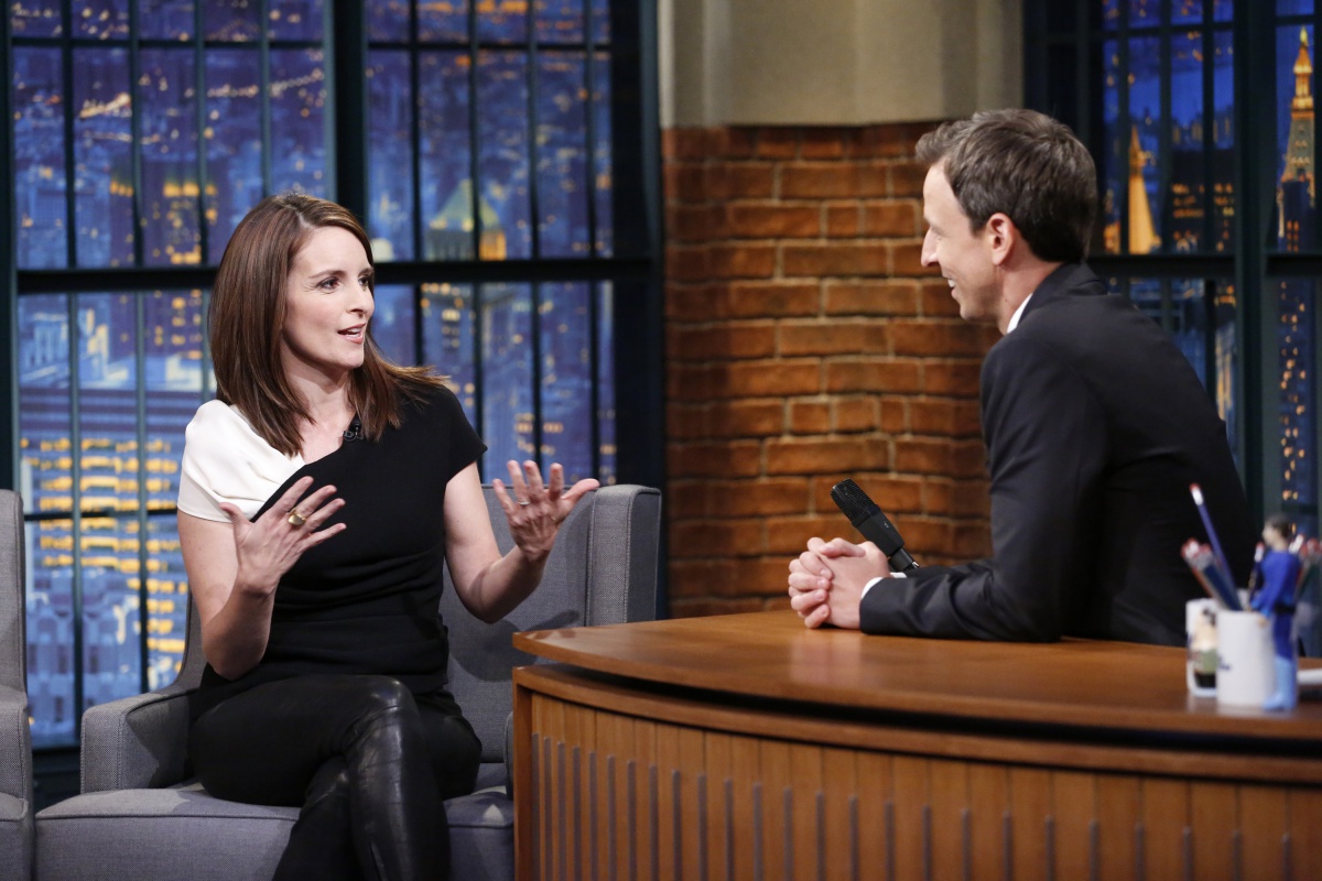 Actress Tina Fey during an interview with host Seth Meyers on September 17, 2014.
