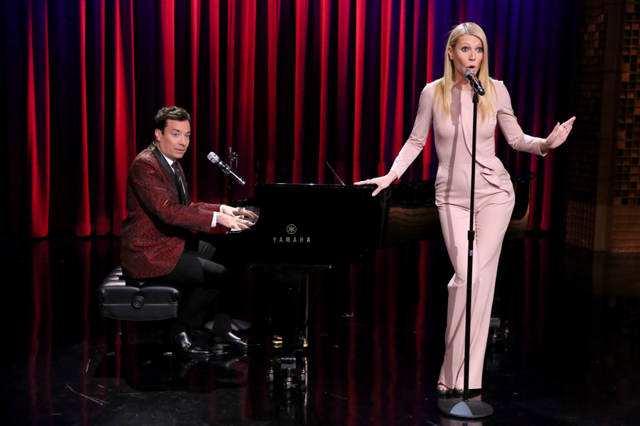 Host Jimmy Fallon and actress Gwyneth Paltrow during the "Broadway Rap" skit on January 14, 2015 --