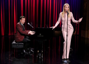 Host Jimmy Fallon and actress Gwyneth Paltrow during the 