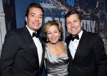 SATURDAY NIGHT LIVE 40TH ANNIVERSARY SPECIAL -- Pictured: (l-r) Jimmy Fallon, Gretchen Burke, Stephen B. Burke, Chief Executive Officer, NBCUniversal, walk the red carpet at the SNL 40th Anniversary Special at 30 Rockefeller Plaza