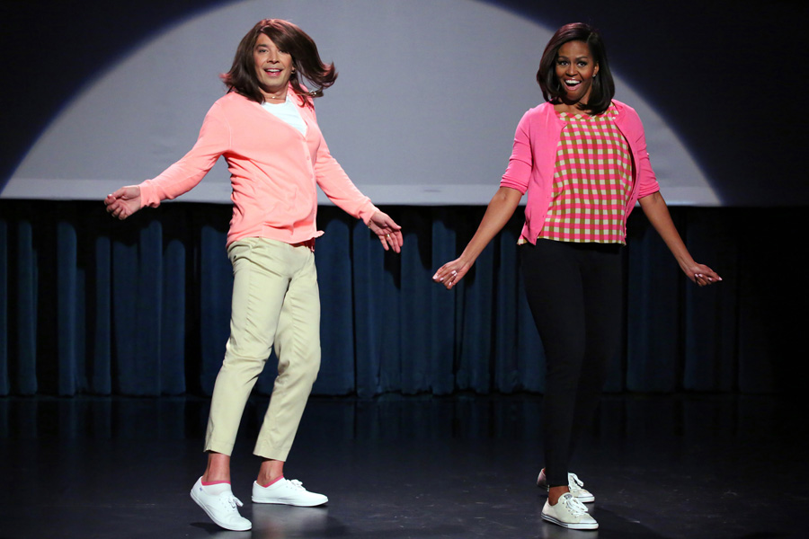 Host Jimmy Fallon and First Lady Michelle Obama during the "Evolution of Mom Dancing Part 2" skit on April 2.
