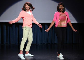 Host Jimmy Fallon and First Lady Michelle Obama during the 