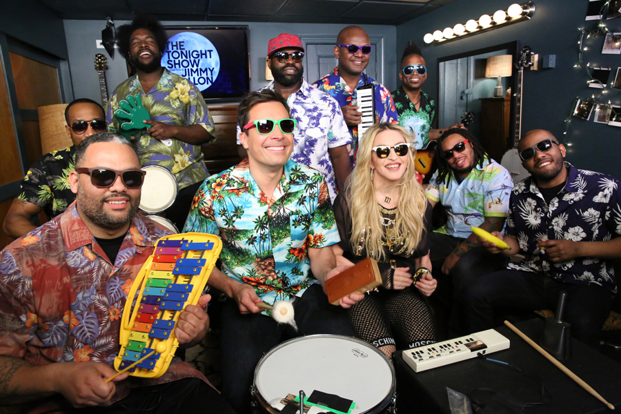 Host Jimmy Fallon, Madonna and The Roots during the Music Room segment on April 9, 2015.