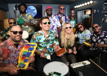 Host Jimmy Fallon, Madonna and The Roots during the Music Room segment on April 9, 2015.