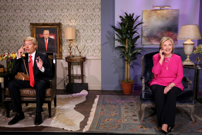 Jimmy Fallon as Donald Trump and Hillary Rodham Clinton during the "Trump calls Hillary" skit on September 16, 2015, on The Tonight Show.