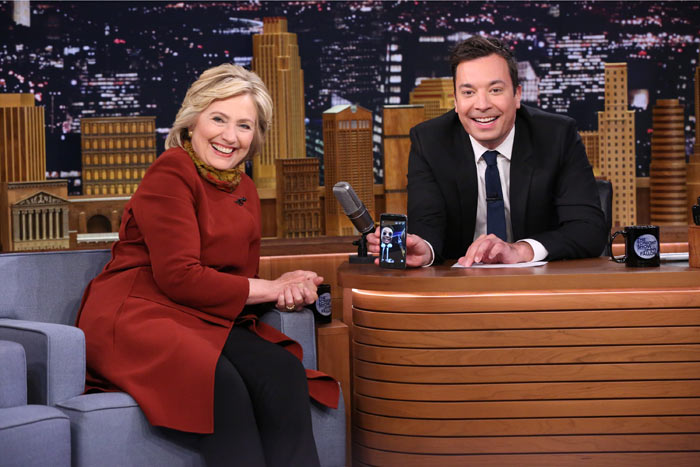 Presidential Candidate Hillary Clinton and host Jimmy Fallon take a Snapchat on January 14, 2016