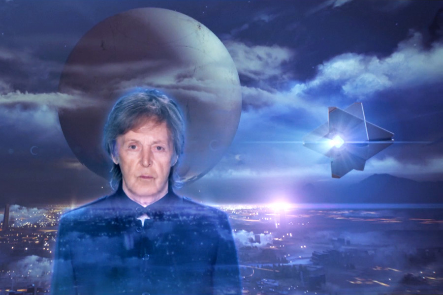 Paul McCartney in his "Hope For The Future" video, featuring scenes from Bungie's Destiny video game