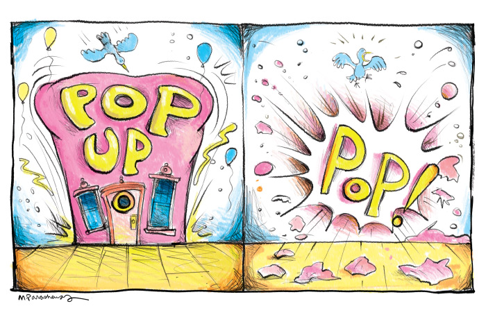 Pop-up shop cartoon by Mickey Paraskevas