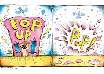 Pop-up shop cartoon by Mickey Paraskevas