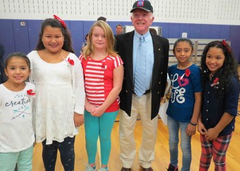 Robert Murray with Hampton Bays Elementary School fourth-graders (l-r) Ashley Rodriguez, Emily Acevedo, Julia Brandes, Stephanie Cardona Claros and Briana Avendano