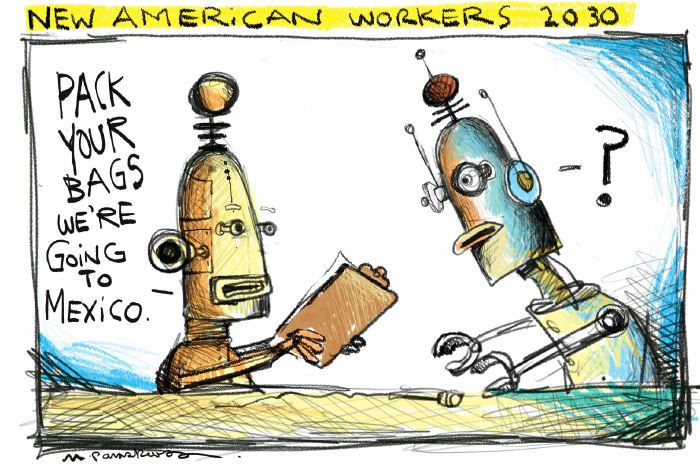 Robots to Mexico cartoon by Mickey Paraskevas