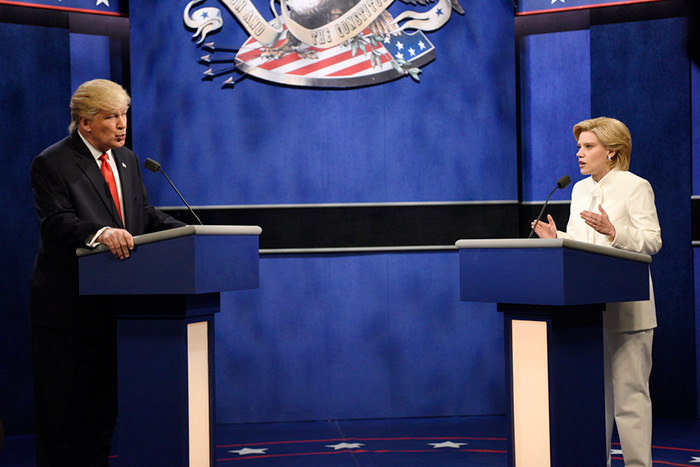 Alec Baldwin and Kate McKinnon as Donald Trumpo and Hillary Clinton on Saturday Night Live