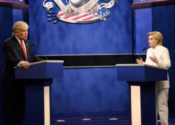 Alec Baldwin and Kate McKinnon as Donald Trumpo and Hillary Clinton on Saturday Night Live