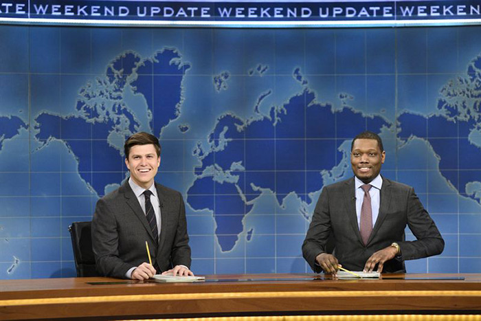 Colin Jost and Michael Che host Saturday Night Live's Weekend Update on NBC