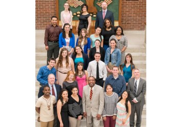 First row (bottom): Loic Moussoh, Ivory Coast (St. John's University), Ana Catalan, Riverhead (LIU Post), Celesse Vazquez, Mastic Beach (Stony Brook University), Suffolk County Community College President Dr. McKay, Veronica Chumbi, East Hampton (Five Towns College), Jessica Gutierrez, East Hampton (Adelphi University) 2nd row: Suffolk County Community College Counselor Tom Law, Sarah Nangeroni, East Northport (LIU Post), Evelyn Diessler, Hampton Bays (LIU Riverhead), Daniel Dellapina, Oakdale (LIU Post), Dr. Christopher Adams 3rd row: Samuel Zang, East Setauket (Briarcliffe College) , Megan Meyers (Molloy College), Allison Brown, Farmingville (St. Joseph's College), Thomas Pirrone, Deer Park (Farmingdale State College), Carla Sutherland 4th row: Brianna DiPaola, Bay Shore (St. Joseph's College), Courtney Bocchieri, Bay Shore (St. Joseph's College) 5th row: Sanjib Dey, Deer Park (LIU Brentwood), Victoria Lohwasser, Bay Shore (St. John's University), Mary Katherine O'Connell (St. Joseph's College), Carissa Shevlin, Miller Place (St. Joseph's College), Yvette Adams, Deer Park (Stony Brook University), Tricia Wildman, Huntington (Hofstra University). Last row: Marissa Klassert, West Sayville (SUNY Old Westbury), Cahide Temel, Port Jefferson Station (St. Joseph's College), Christopher Wallace