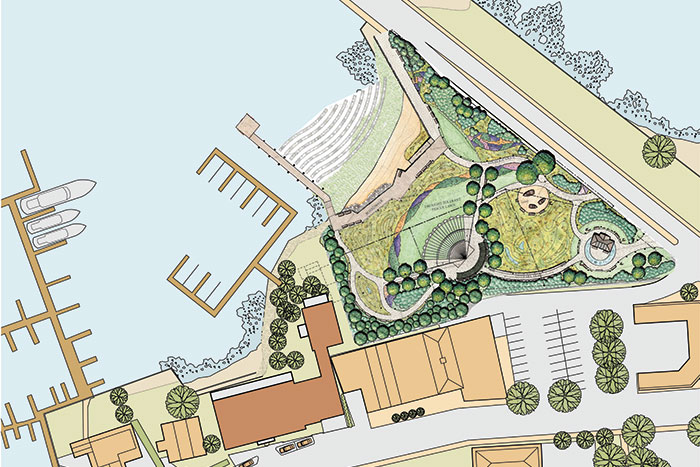The proposed condominium building is in orange. The park and its beach are upper right. The bridge to North Haven runs along the top. The parking lot lower right is in front of the 7-Eleven. Post Office is at the bottom across the street