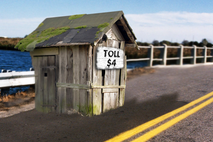 Fake tollbooth on Bridge Lane in Sagaponack