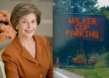 Fmr. First Lady Laura Bush, and a Walker Cup sign on CR39. Credit: Krisanna Johnson/White House; Brendan J. O'Reilly