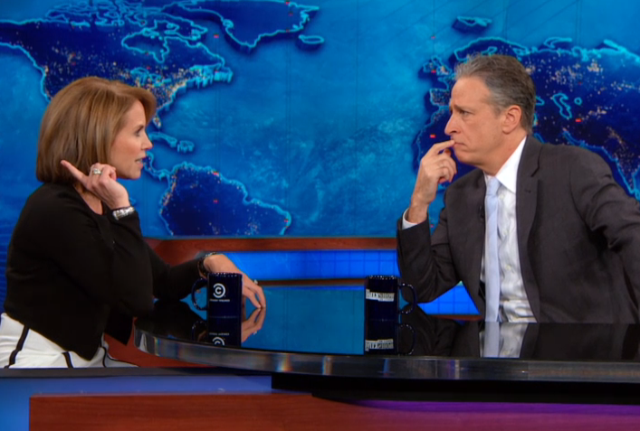 Katie Couric speaks with Jon Stewart on "The Daily Show."