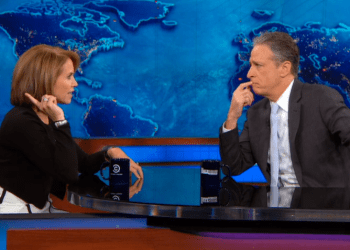 Katie Couric speaks with Jon Stewart on 