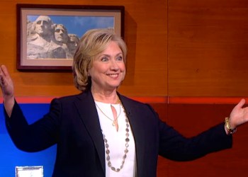 Hillary Clinton surprises Stephen Colbert.
