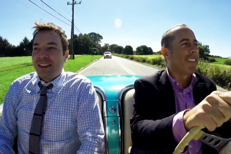 Jimmy Fallon and Jerry Seinfeld driving in East Hampton on an episode of "Comedians in Cars getting Coffee." Credit: Crackle.