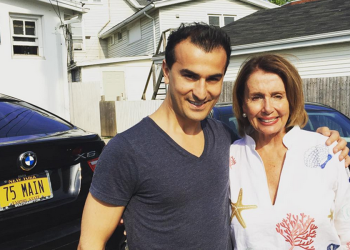 Zach Erdem and Nancy Pelosi outside the rear of 75 Main.