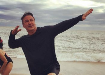 Alec Baldwin victorious after a polar plunge in Wainscott.