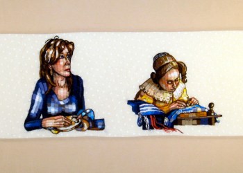 Christa Maiwald, Self-portrait with Vermeer’s “The Lacemaker,” 2013, Cotton, thread, hand-embroidery, 25.75 x 23.25 x 1.25″, photo by Gary Mamay