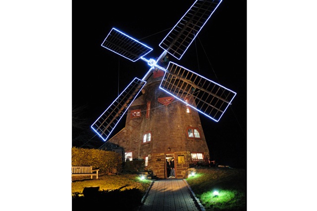 Stony Brook Southampton windmill, lighted for the holidays.