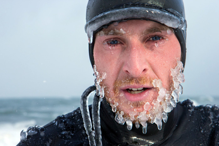 Surfer with icicles on his face