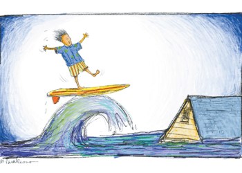 Surfing cartoon by Mickey Paraskevas